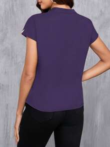 SHEIN Clasi 女士短袖休闲优雅简约撞色V领衬衫 - 紫色 - 查看 2