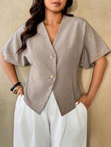 Auralis 大码简约休闲纯色V领纽扣衬衫，适合日常穿着，春季休闲度假女式衬衫 - 灰色 - 查看 2