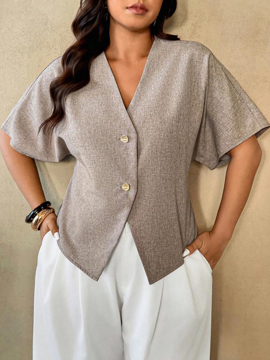 Auralis 大码简约休闲纯色V领纽扣衬衫，适合日常穿着，春季休闲度假女式衬衫