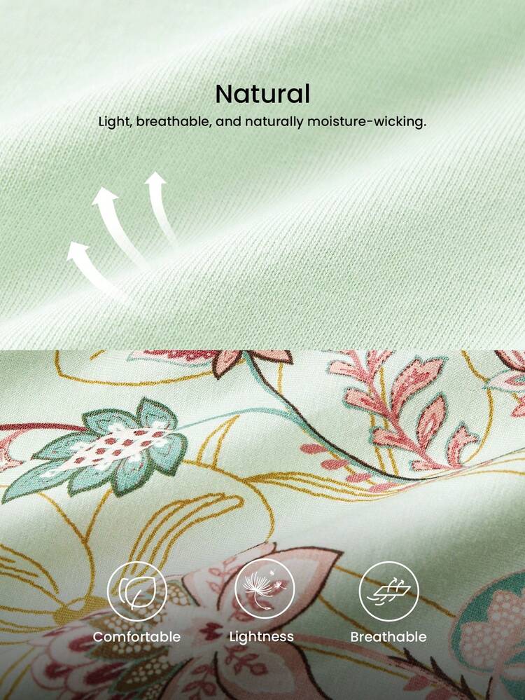 Conjunto de Pijama Loungewear Plus Size com Top Básico de Decote Barco em Algodão Macio Verde e Calça com Estampa Floral para Mulheres, Calça com Bolsos, Lingerie como Roupa Externa, Conjuntos de Loungewear, Pijamas de Algodão