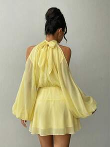 Aloruh Women's Elegant Pale Yellow Mini Dress,Long Sleeve Lantern Sleeve A-Line Party Dress,Summer Wedding Guest Dress,Solid Color Short Afternoon Tea Dress - Light Yellow - View 3