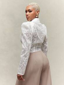 Vixey Notched Collar Sheer White Lace Cinched Waist Split Hem Puff Shoulder Blazer - White - View 4