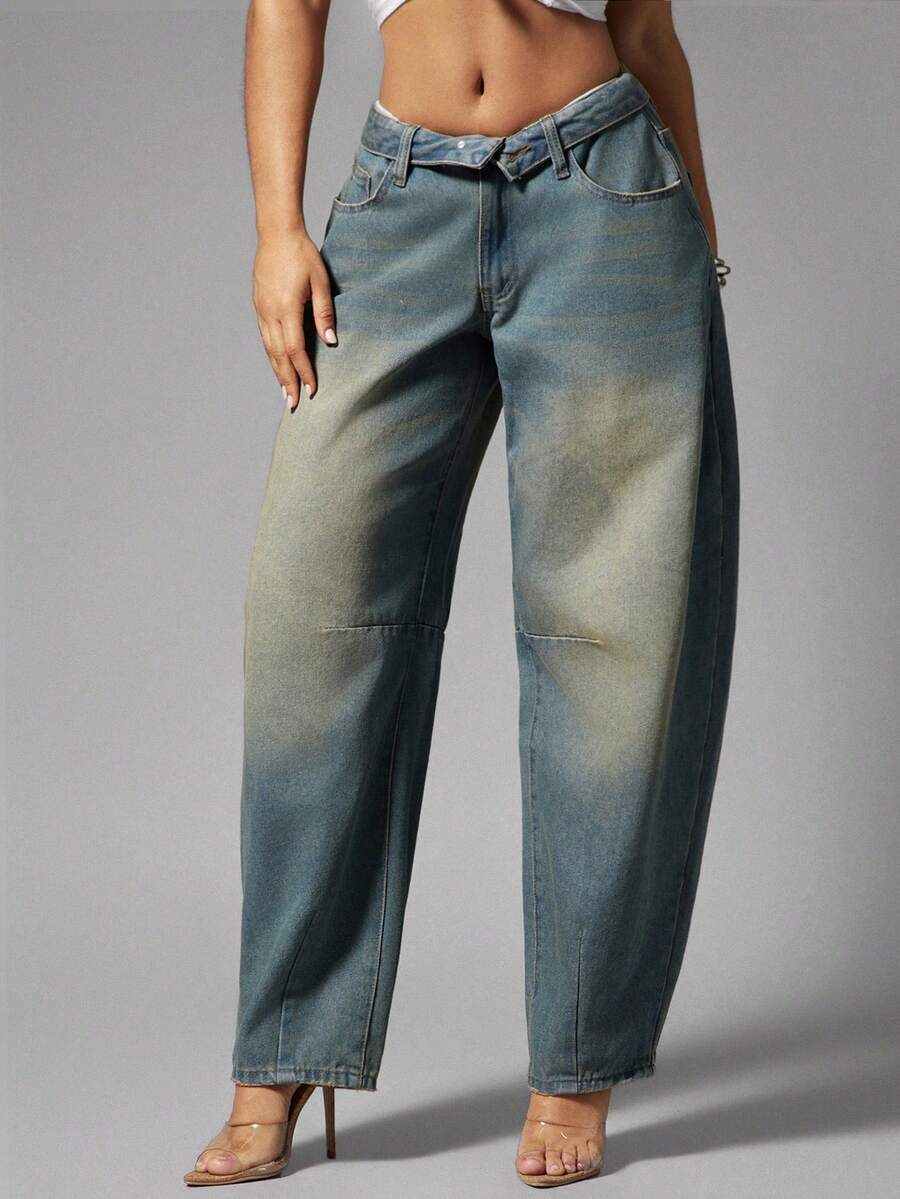 Denimoi Foldover Waist Barrel Leg Washed Jeans Barrel Jeans Fashionable Streetwear - Medium Wash - View 1