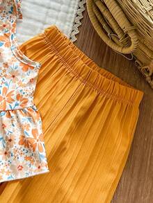 Vintaside Kids Young Girl Camisole Print Top & Textured Casual Pants Set - Orange - View 5