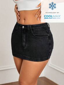 SHEIN ICON 女士夏季时尚街头风斜插口袋迷你水洗牛仔裙 - 黑色 - 查看 7