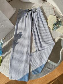 Sweetra French Casual Chic Blue Striped Straight Leg Relaxed Fit Pants, Versatile Design For Spring/Summer Commute, Stylish & - Blue - View 7