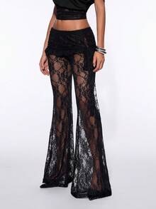 SHEIN ICON 蕾丝透视裹身系带设计超低腰喇叭裤 - 黑色 - 查看 3