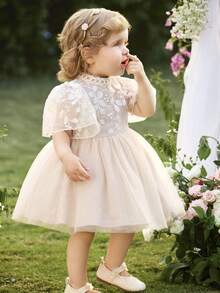 Cute Baby Girls Flared Long Dress With Puff Sleeves And Stand Collar Elegant Apricot Baby Dress - Apricot - View 7