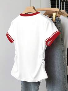 Blusa de manga corta con lazo de contraste de estilo preppy, cintura fruncida para niñas preadolescentes, camiseta casual y versátil - Multicolor - Ver 2