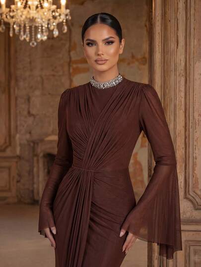 Aureia Elegant High-Stretch Mesh Knit Collar Luxurious 3D Rhinestone Decor Front Pleated Flare Sleeve Fishtail Maxi Dress With Side Draping Panels, Women's Formal Evening Gown