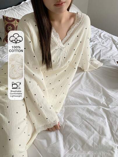 Dazy Plus Plus Size Women Polka Dot Contrast Lace Loose Straight Pants Pajama Set, Comfortable Home Wear For Spring & Autumn