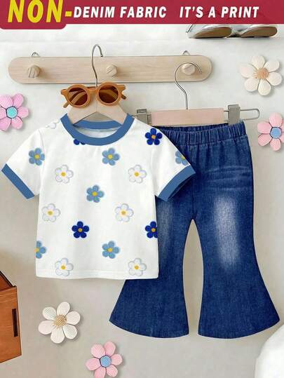 SHEIN Baby Girl Casual Minimalist Short Sleeve Round Neck T-Shirt And Flare Pants Set, Suitable For Spring/Summer