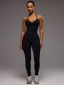 Musera Sport Ruched Padded Halterneck Scrunched Active Jumpsuit Sport Workout Gym Cute Pilates Fitness Daily Girly Casual Summer - Black - View 5