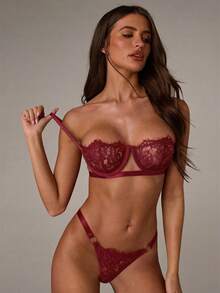 SHEIN BAE Floral Lace Underwire Bra & Panty Sexy Lingerie Set - Burgundy - View 1