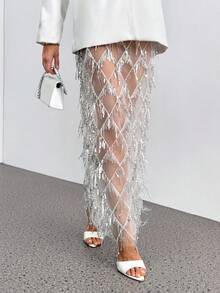 SHEIN Tall Embellished Pencil Maxi Skirt Wedding Reception Beaded Crystal Net Overlay Rhinestone Lattice Formal Occasion Evening Winter Holiday Party Skirt - White - View 5