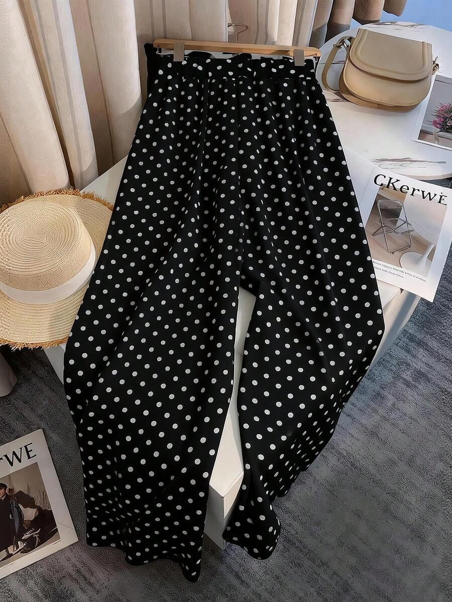 Franclia Women's Polka Dot Casual Wide Leg Pants, Spring/Summer - Black - View 1