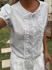 Striped Puff Sleeve Casual Pleated Women Shirt Summer - Blue - View 6