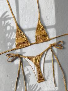 Swim SXY 2pcs/Set Atasan Bikini Segitiga Halter Motif Kulit Ular Emas & Bawahan Renang dengan Tali Samping, Set Pakaian Renang Berkilau untuk Liburan Musim Panas dan Pesta Pantai - Emas - View 1