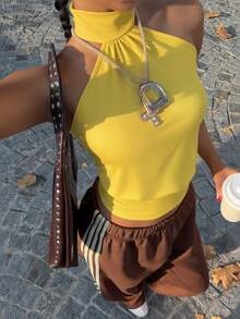 Muchica Yellow Knit Halter Neck Women's Sleeveless Cropped Fashionable Top - Yellow - View 1
