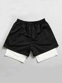 ROMWE MEN 2026 Spring/Summer New Casual Fashion Y2K Style Embellished 2 In 1 Shorts, Unisex Couple Matching Pants - Black - View 2