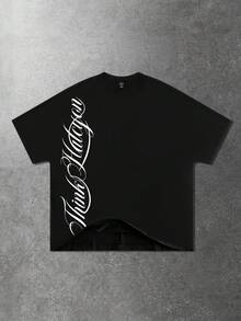 ROMWE MEN Essentials Spring/Summer Casual Graphic Men'S Slogan Print Short Sleeve T-Shirt, Suitable For Everyday Wear, Spring/Summer - Black - View 5
