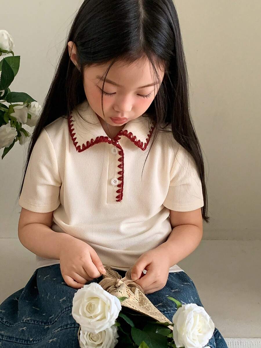 DAZY 女童（小号）翻领短袖T恤，秋季服装 - 杏色 - 查看 1