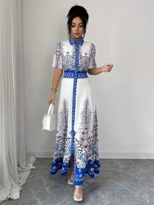 Elenzga Women's Elegant Casual Symmetrical Dragon & Phoenix Print Blue Waist Flare Dress, Suitable For Autumn/Winter Party, New Year, Christmas, Valentine's Day, Halloween Casual Wear - Blue - View 5