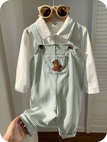 SHEIN Baby Boy Casual Cute Versatile Striped Cartoon Bear Pattern Bib Overalls - Multicolor - View 3