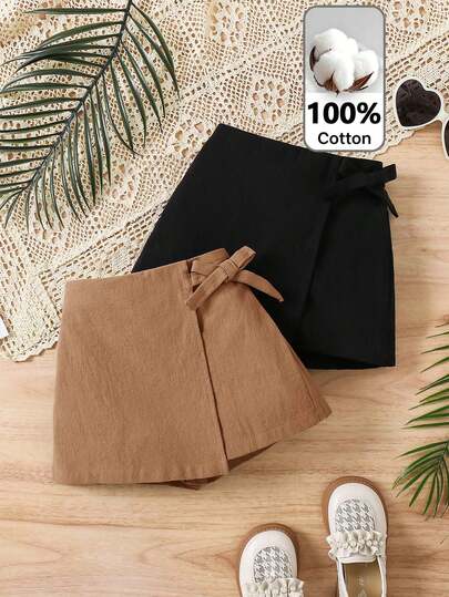 2pcs Young Girl Fashion Solid Color Coordinated Casual Shorts Set, School, Campus, College