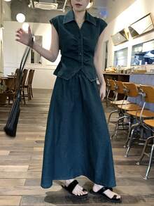 DAZY Women's Collared Sleeveless Blouse & Loose Denim Skirt 2-Piece Set - Blue - View 3