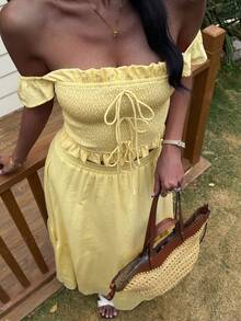 Livesso Women's Pale Yellow Summer Boho Beach Vacation Holiday Ruffle Trim Tie-Up Top And Casual Skirt 2-Piece Set,Off The Shoulder Vacation Outfits - Yellow - View 6