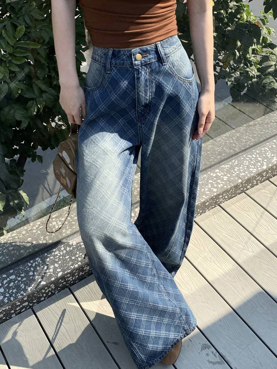 DAZY 女士菱形图案腰带环休闲直筒宽松百搭牛仔裤 - 藍色 - 查看 1