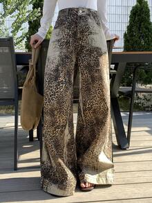 DAZY Women's Loose Fit All-Over Leopard Print Relaxed Denim Jeans - Brown - View 4