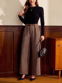 Vintamour 复古优雅女士裤装，带口袋和腰带，灯芯绒休闲裤，适合工作和度假，沙特阿拉伯国庆日棕色裤子，夏季假期，春假，女士假期，夏季假期，女士假期，春季女士裤装，女士正装裤 - 棕色 - 查看 3