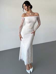 Firerie 女士优雅浪漫约会派对婚礼宾客礼服，白色蕾丝露肩长袖修身鱼尾裙，适合下午茶、户外派对、正式场合、毕业典礼、派对、舞会、生日等场合。 - 白色 - 查看 5