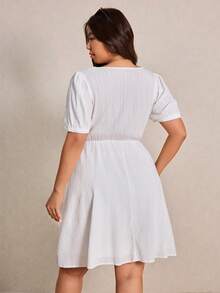 Elaquor Plus Size Women Contrast Lace Front Tie Short Puff Sleeve Fashionable Dress White Summer Dress Casual White Dress White Button Up Dress Spring Casual Vacation Outfit Women Spring Dress For Women Babydoll Dress Mini Dress, Summer Dresses - White - View 2