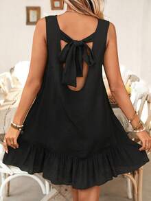 Swim Vcay Women's V-Neck Lace Trim Bow Backless Ruffle Hem A-Line Summer Beach Vacation Dress Cover Up - Black - View 1