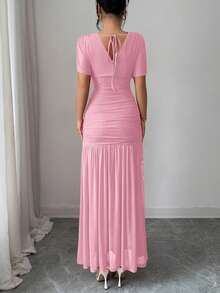 SHEIN Elenzya Đầm midi dáng chữ A bằng vải lưới thoáng khí, thiết kế thanh lịch, ôm sát cơ thể, thoải mái, phù hợp cho cả dự tiệc và mặc hàng ngày. - Hồng - Xem 2