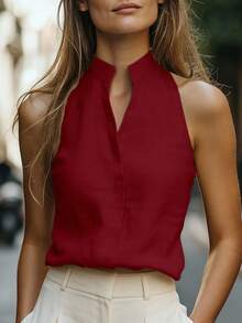 EMERY ROSE Women's Sleeveless Mandarin Collar Linen-Like Tank Top, Versatile And Slimming For Commuting - Rose Red - View 3