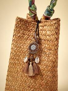 Travachic 1pc Bohemian Style, Fashionable Tassel Woven Bag, Casual Vacation Beach Tote, Outdoor Picnic Party Handbag, Suitable For Women Office, Commute, Date, Shopping, Leisure, Vacation, Beach, Music Festival, Party, Wedding, School (Natural Straw Color May Have Slight Variations) , Bohemian Outfit For Women - Green - View 4