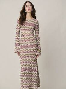 Nöista Long-Sleeved Midi Knit Dress Features A Round Neckline, Flared Hem. Soft Fabric Knit Transparency. Woman, Spring , Summer. - Multicolor - View 5