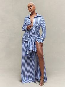 Vixey Blue Stripe Button Down Pointed Collar Self Tie Maxi Dress - White - View 3