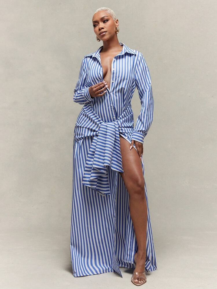 Vixey Lightweight Woven Cinched Tie Waist Maxi Stripe Shirt Dress