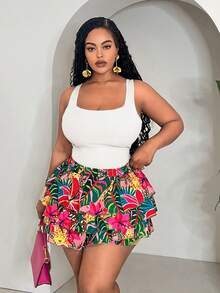 Slaydiva 大码女装两件套 - 修身纯色绿色露脐上衣搭配宽松多层荷叶边热带植物动物印花短裤，休闲度假装，春夏皆宜，夏季女装泳衣两件套工作短裤Y2K半身裙，大码女装夏季套装，女式泳衣收腹 - 白色 - 查看 2