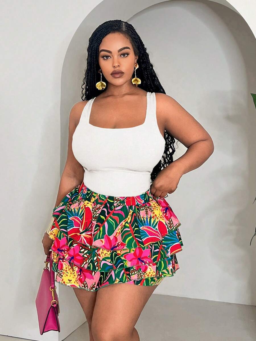 Slaydiva 大码女装两件套 - 修身纯色绿色露脐上衣搭配宽松多层荷叶边热带植物动物印花短裤，休闲度假装，春夏皆宜，夏季女装泳衣两件套工作短裤Y2K半身裙，大码女装夏季套装，女式泳衣收腹