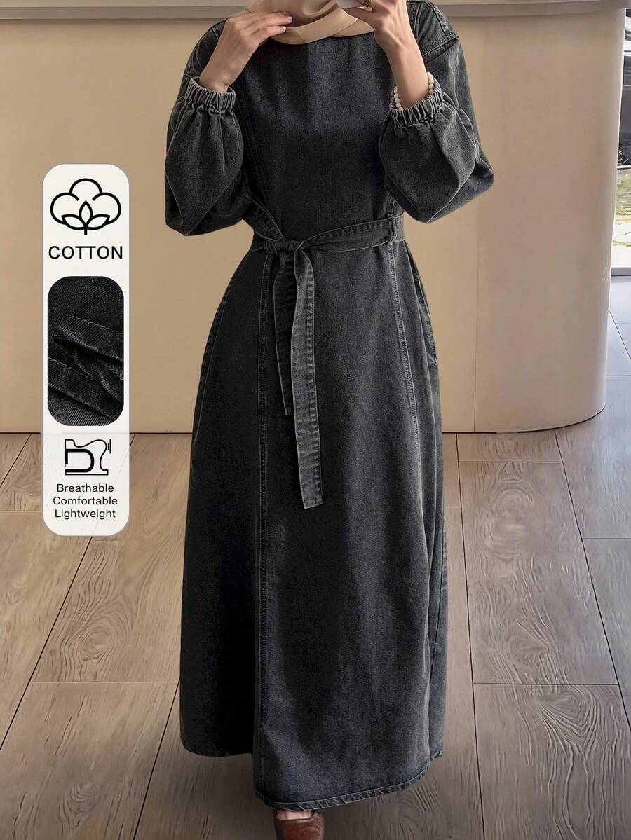 DAZY Tie-Waist Loose Fit Denim Midi Dress For Women - Grey - View 1