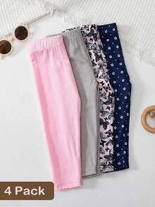 SHEIN Playful Pals 4条婴儿/女婴休闲碎花印花及纯色打底裤，适合所有季节 - 彩色 - 查看 8
