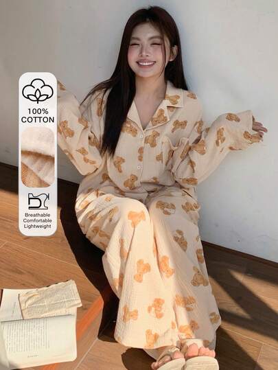 Dazy Plus Plus Size Women Cute Bear Print Floral Pattern Loose Fit Pajama Set, Casual Homewear Top And Pants