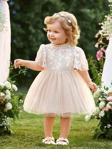 Cute Baby Girls Flared Long Dress With Puff Sleeves And Stand Collar Elegant Apricot Baby Dress - Apricot - View 8