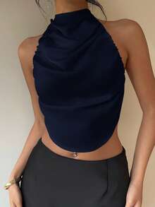 Aloruh Sexy Halter Backless Satin Women Camisole,Summer Top - Navy Blue - View 3